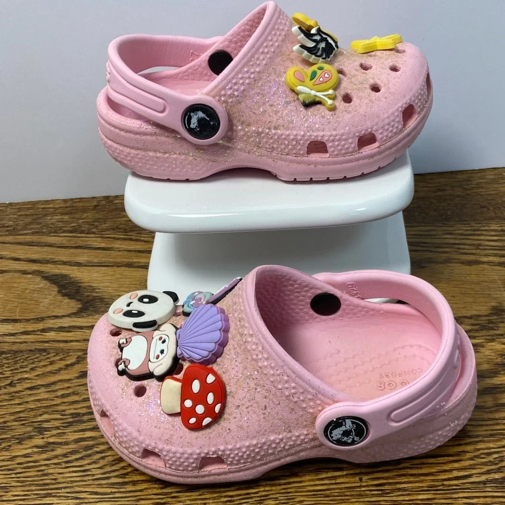Crocs Toddler Classic Clog Pink Glitter Charms Panda Unicorn Size C7 206992-6SW